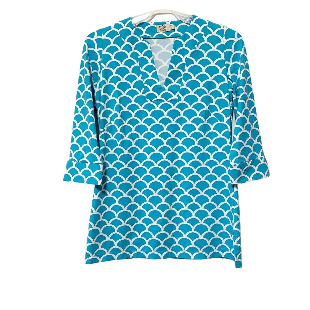 Katherine Way Blue White Print 3/4 Sleeve Tunic Top XS Made in USA